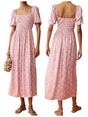 Anaya Marcey Pink Floral Smocked Linen Blend Midi Dress NWT Small